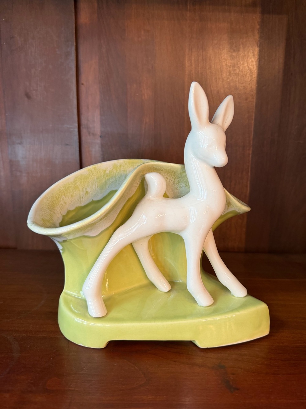 Vintage Mid Century Ceramic White Deer Figurine Planter with Lime Green Accent